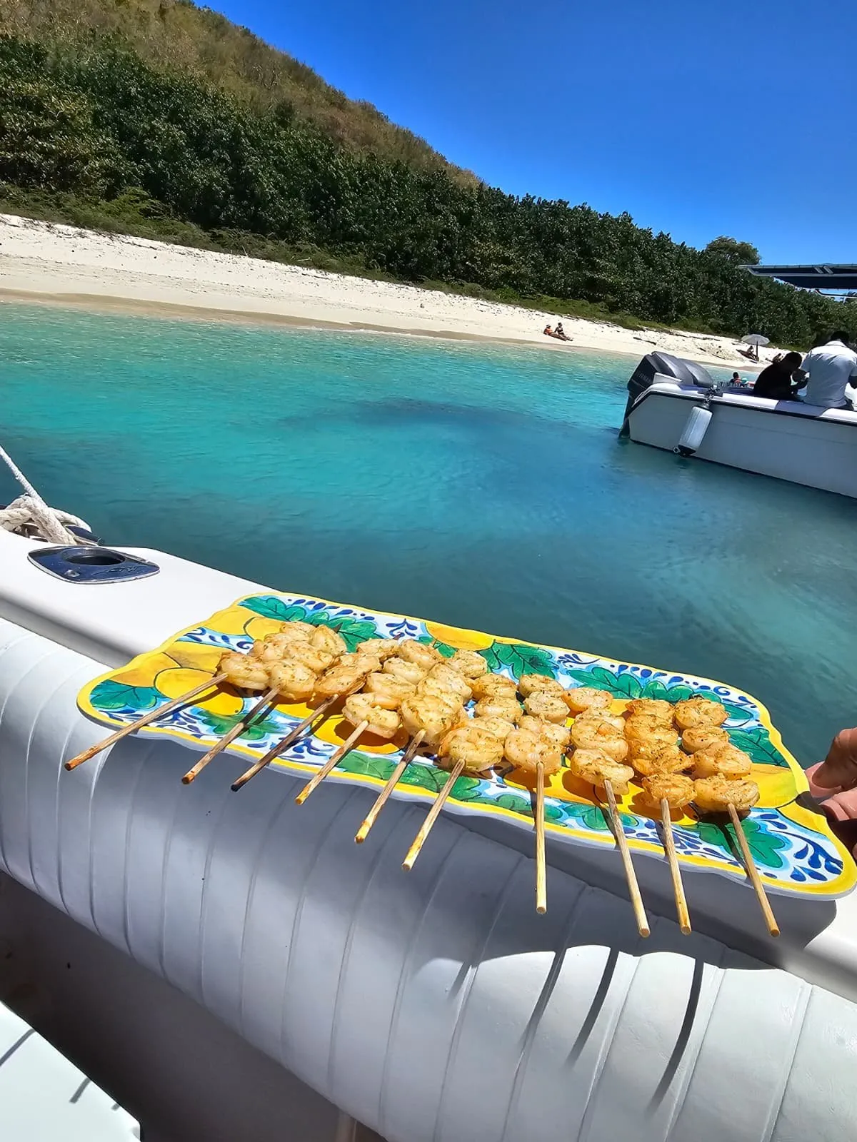 Plated grilled shrimp skewers on a ceramic dish overlooking the Caribbean beach