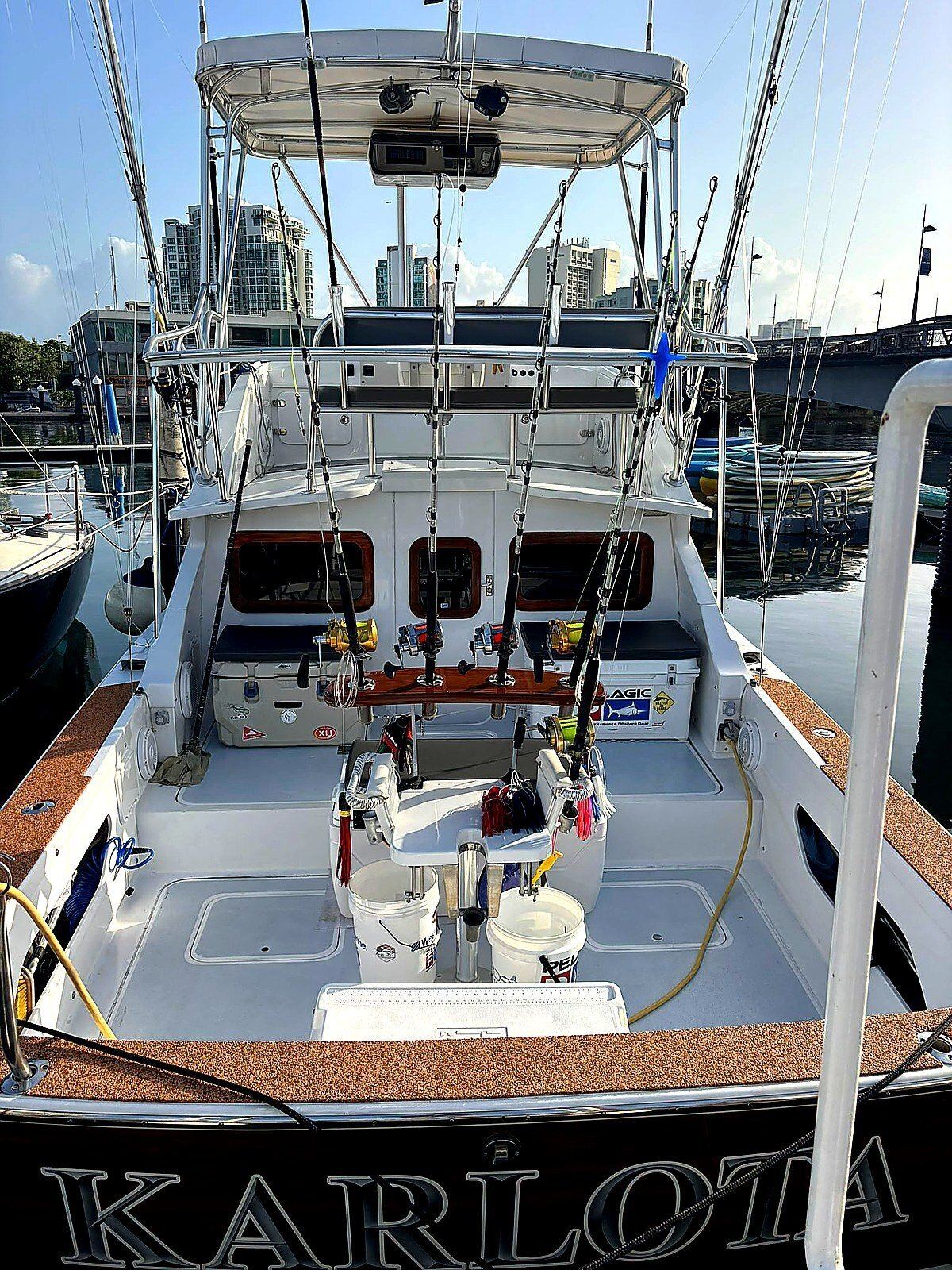 Fishing cockpit and rigged tackle aboard the Bertram 31 sportfisher