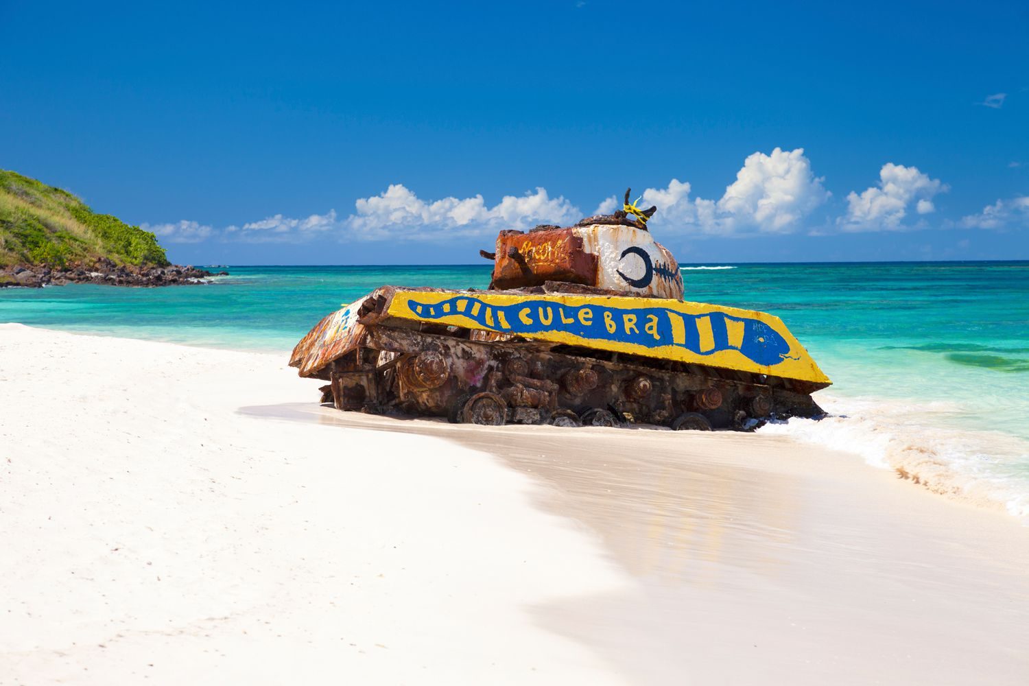 Iconic painted tank on Flamenco Beach Culebra Island Puerto Rico — symbol of the island
