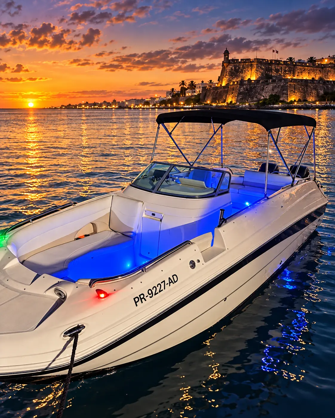 Boat cruising San Juan Bay at dusk near El Morro, Puerto Rico