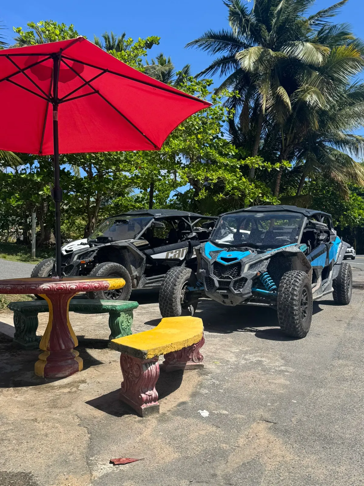 Two Can-Am Mavericks at a colorful local beach stop under palm trees in Puerto Rico