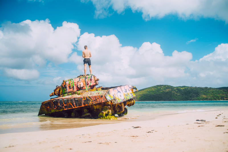 The famous painted tank on Flamenco Beach, Culebra — reachable by day charter from Fajardo