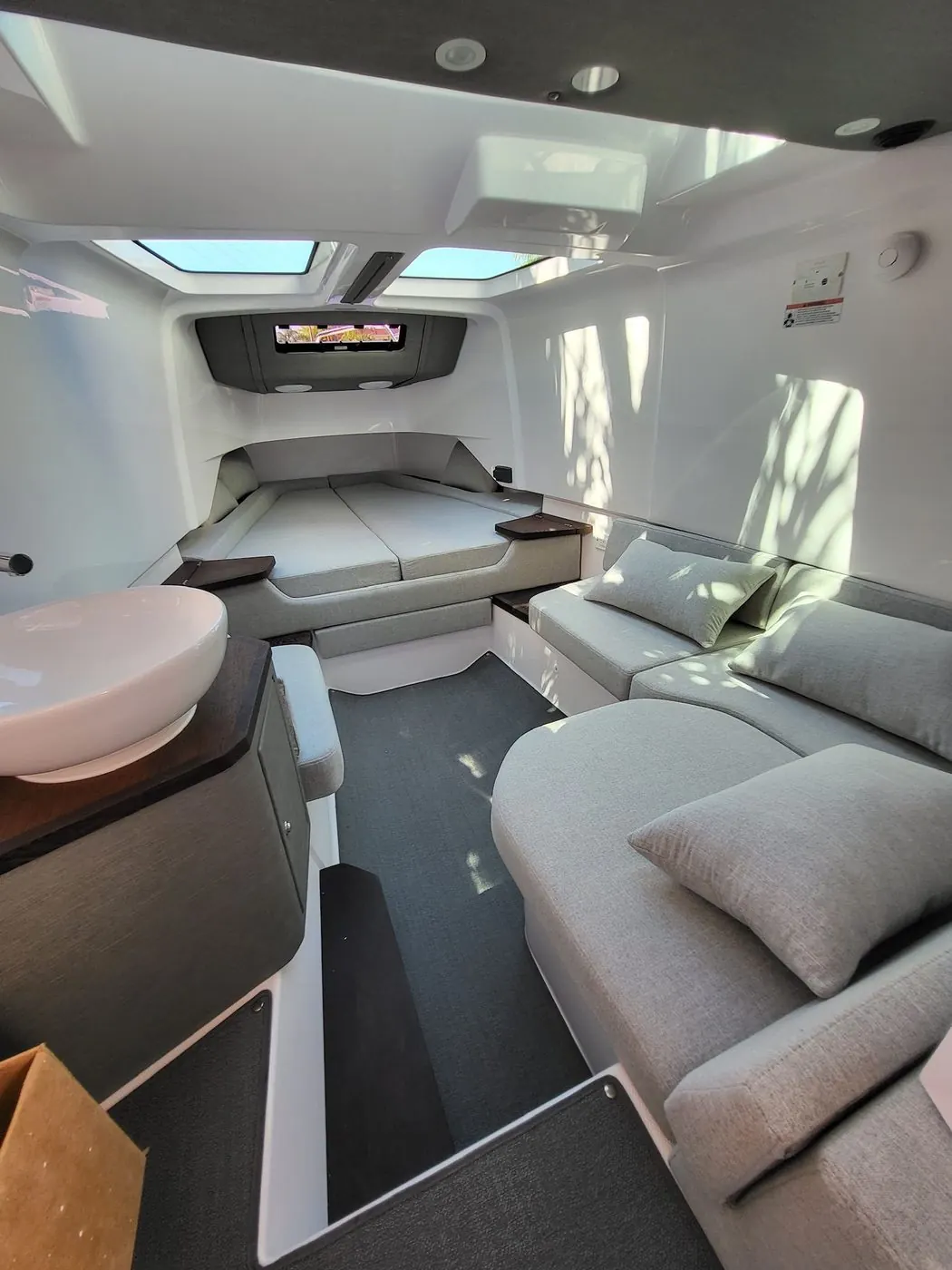 Cabin and bathroom aboard the Axopar