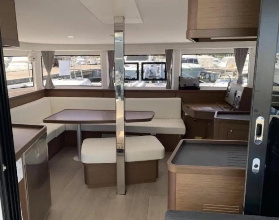 Interior salon and galley of the Lagoon 48