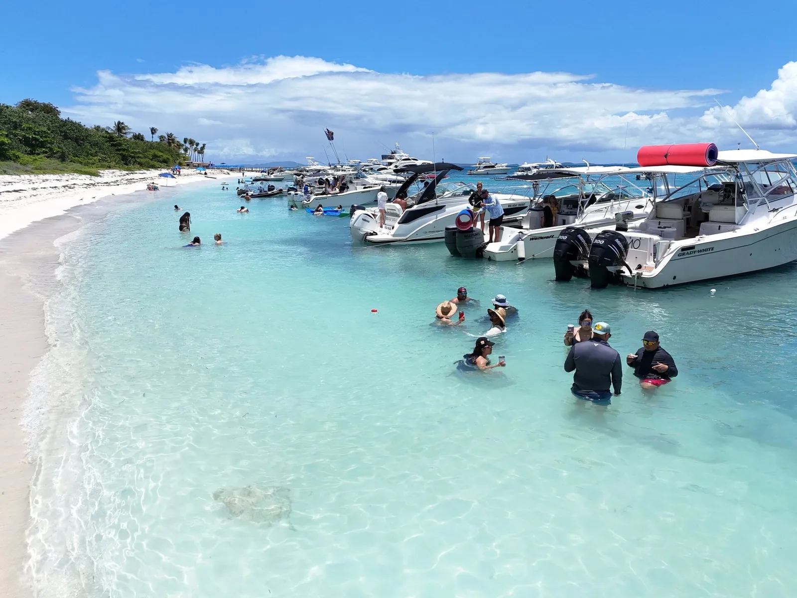 Beach-level view of charter guests in crystal-clear turquoise water with multiple yachts anchored at the sandbar