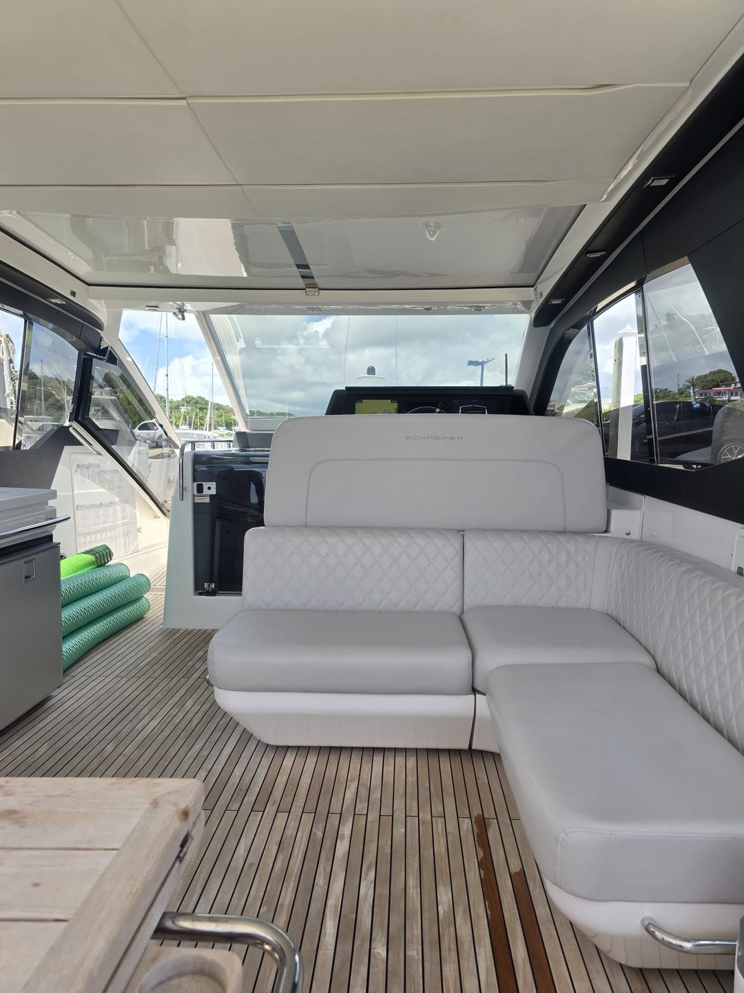 White leather lounge seating aboard the Schaefer